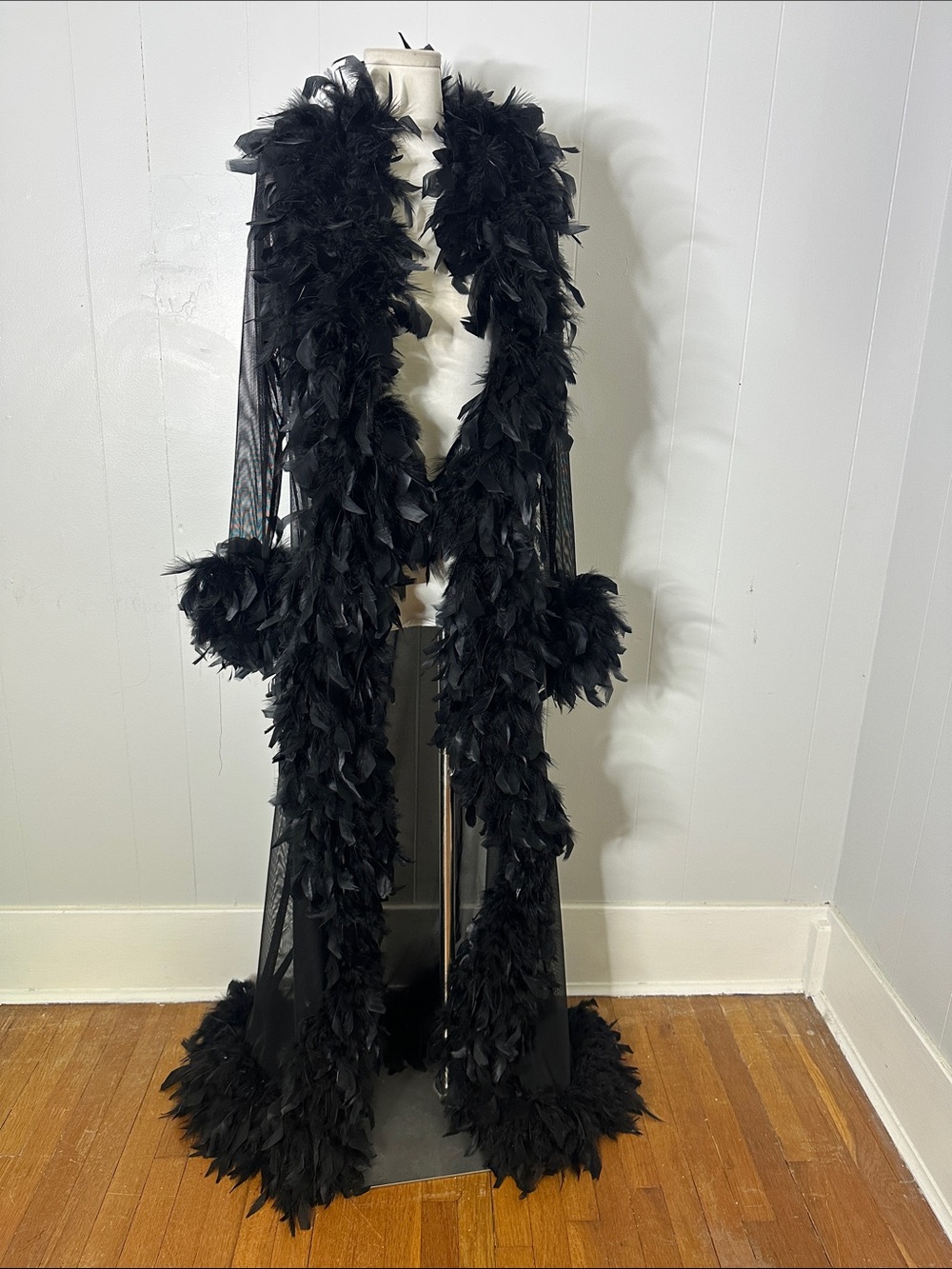 Vintage 80s Black Feather Trim Mesh Duster
